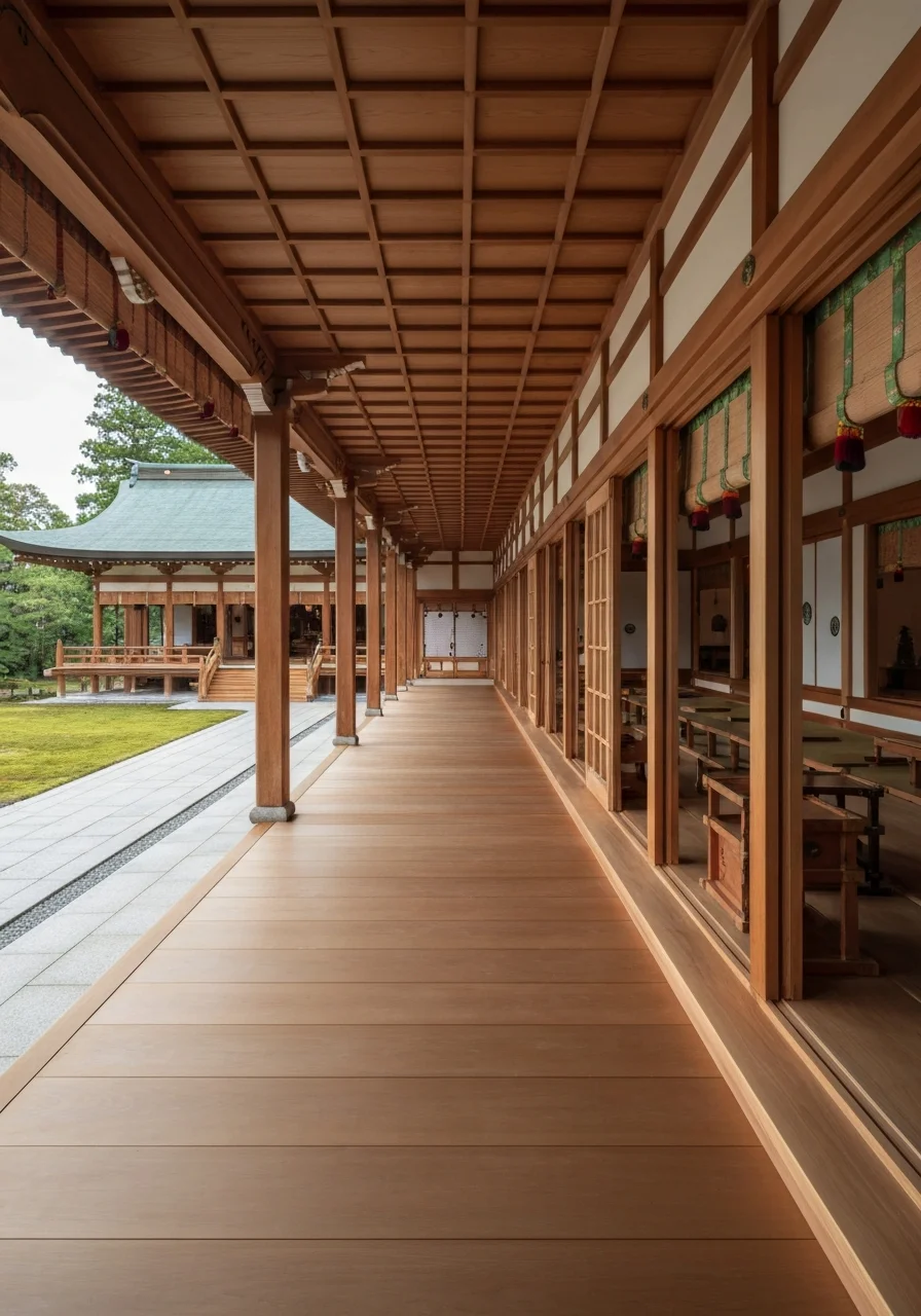 境内の石畳と植栽が続く参道を斜めに写した写真