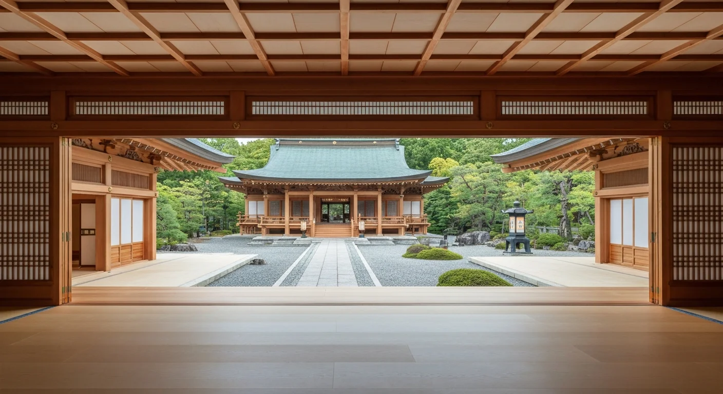 妙福寺の本堂正面と前庭を広角でとらえたアクセス案内用の外観写真